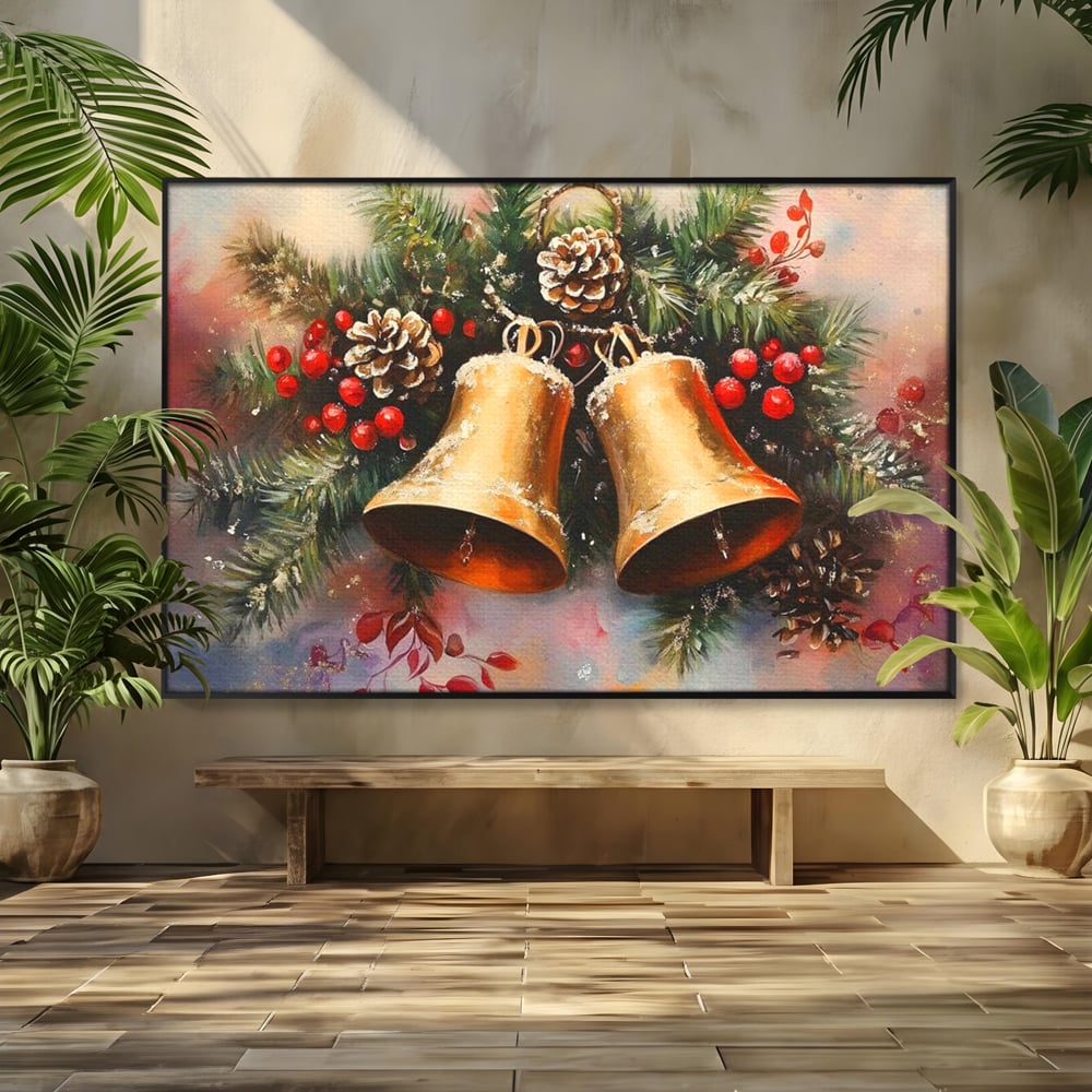 Tablou canvas cu tablou canvas cu clopotei aurii si conuri, in rama de aluminiu negru